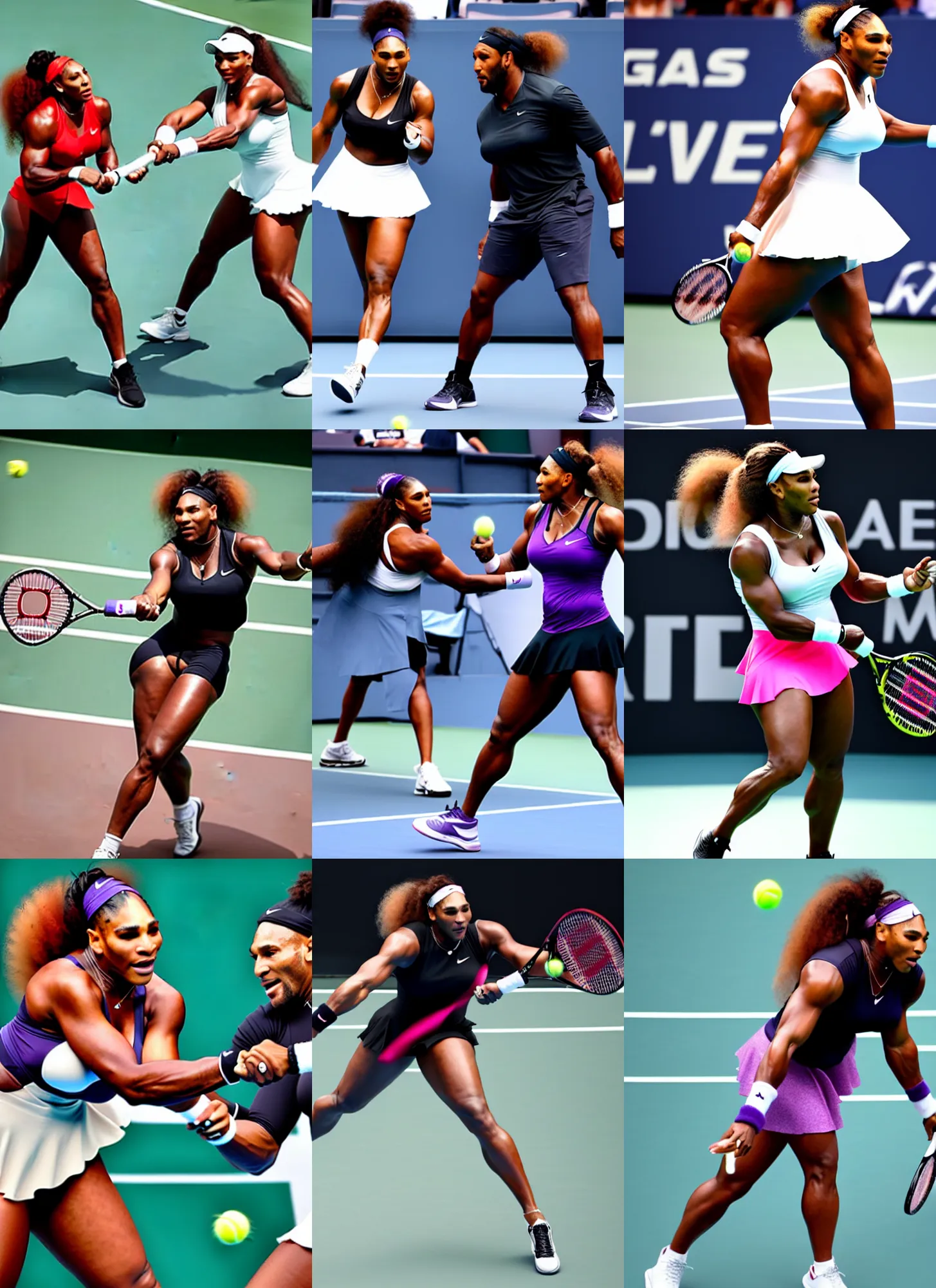 Prompt: promotional image, serena williams vs ray lewis, tennis match, showdown