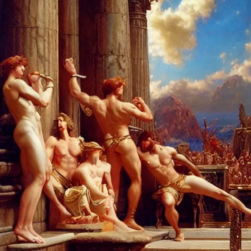 Prompt: hercules watches achilles while they wait in line to worship at zeus'feet, throne of olympus, heavenly marble, gods and goddesses in elegant clothes, painting by gaston bussiere, craig mullins, j. c. leyendecker, tom of finland