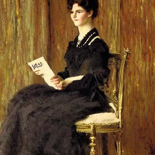 Image similar to victorian girl in ball gown absent - mind looking at her dance card, painting by alfred stevens