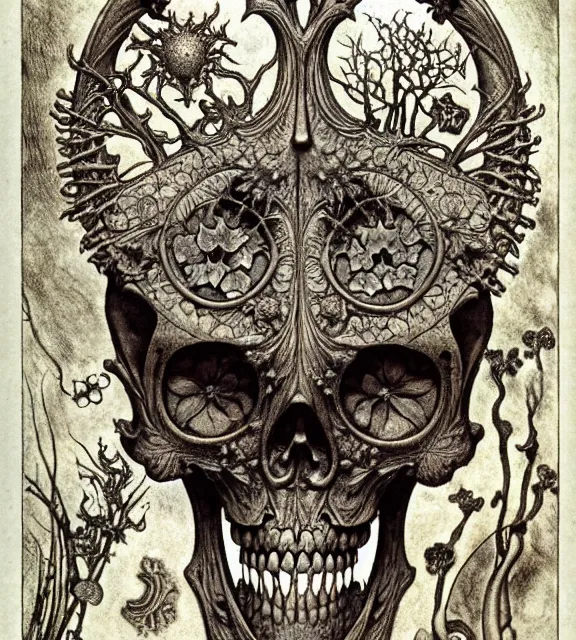 Image similar to memento mori by arthur rackham, art forms of nature by ernst haeckel, exquisitely detailed, art nouveau, gothic, ornately carved beautiful skull dominant, intricately carved antique bone, art nouveau botanicals, ornamental bone carvings, art forms of nature by ernst haeckel, horizontal symmetry, arthur rackham, ernst haeckel, symbolist, visionary