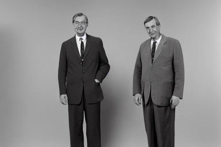 Image similar to A photography of Mr. Rogers standing next to Mr. Bean