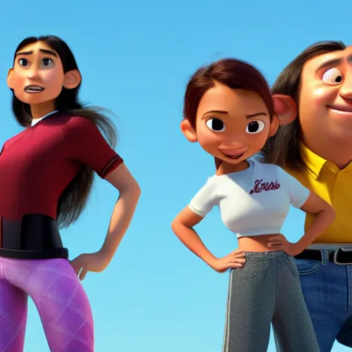 Prompt: young beautiful athletic Filipino woman with long hair and a handsome caucasian athletic thin man with short buzzed hair, high widows peak, stubble on his face, both depicted as Pixar characters, high quality cg render