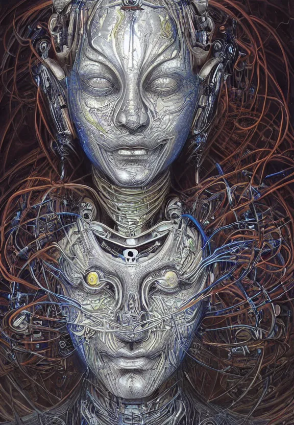 Prompt: perfectly centered portrait, front view of a beautiful biomechanical cyberpunk alien android robot buddha, female, flowing hair, intense stare, sarcastic smile, symmetrical, concept art, intricate detail, volumetric shadows and lighting, realistic oil painting by alex grey and gustave dore,