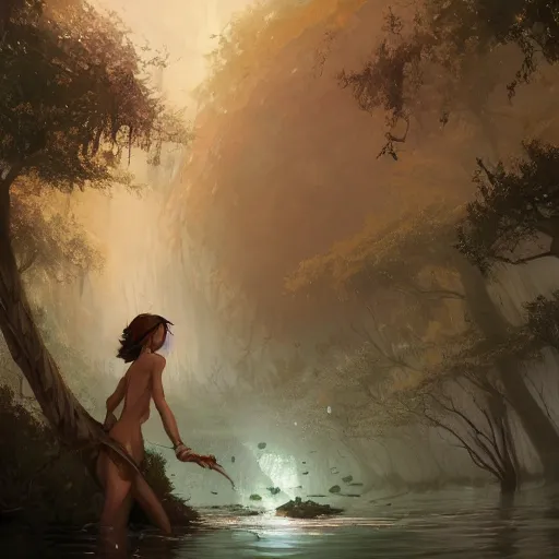 Prompt: forest nymph rising from the water. fantasy rpg concept art. view from behind, wide angle view, back view. nuri iyem, james gurney, james jean, greg rutkowski, anato finnstark. trending on artstation, starlight, and enchanted dreams