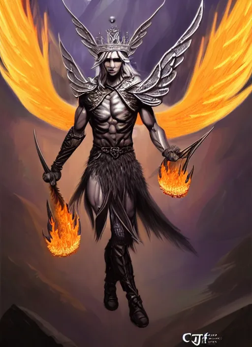 Prompt: aggressive winged androgenous queer silver elf with fire crown, d & d, muscular! crossfit, fitness, tech suit, tight wrinkled cloath, vivid color scheme, atmospheric perspective, fantasy, intricate, elegant, highly detailed, digital painting, artstation, concept art, smooth, sharp focus, illustration, art by craig davison and jesper ejsing