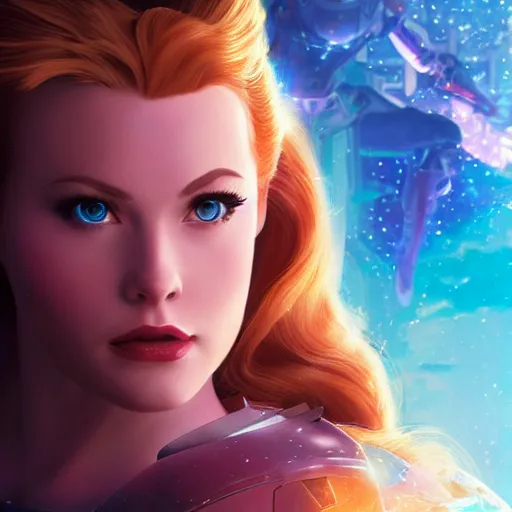 Prompt: high detailed close up of, energetic female cyborg Disney princess Aurora, wearing futuristic cybernetic battle armor, balance composition, dramatic lighting, 8k, painted by Alex Ross