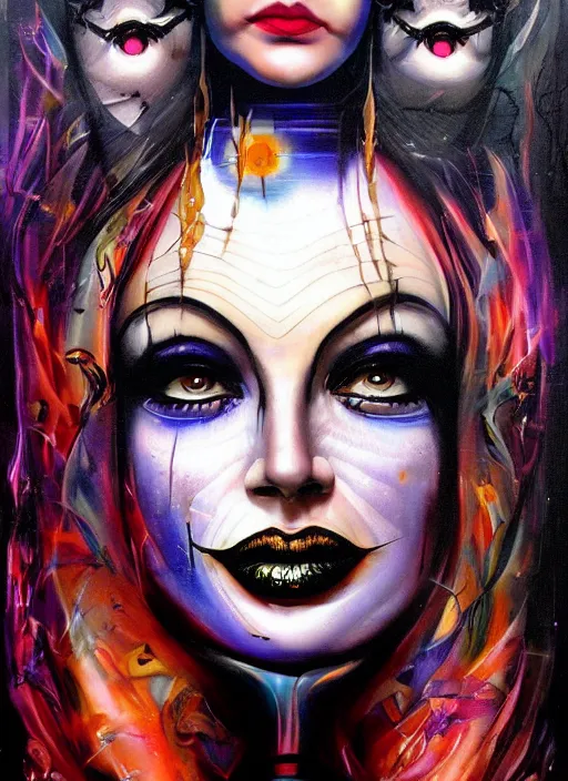 Image similar to gorgeous magic cult psychic woman smiling, third eye, energetic consciousness psychedelic, epic surrealism expressionism symbolism, story telling, iconic, dark robed, oil painting, symmetrical face, dark myth mythos, by Sandra Chevrier , H R Giger, masterpiece cinematic composition, dramatic pose, beautiful lighting, sharp, details, hyper-detailed