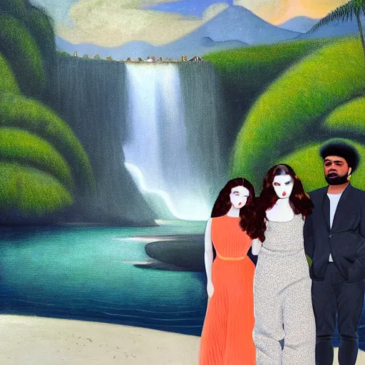 Image similar to a ultradetailed beautiful painting of lorde, frank ocean, the weeknd and lana del rey standing in front of the diamonds waterfall in the amazonas palace balustrade designed by jules bastien - lepage, tarsila do amaral, frank weston and gustave baumann, beach, trending on artstation, mediterranean, palm trees, sharp focus, soft light, 8 k 4 k