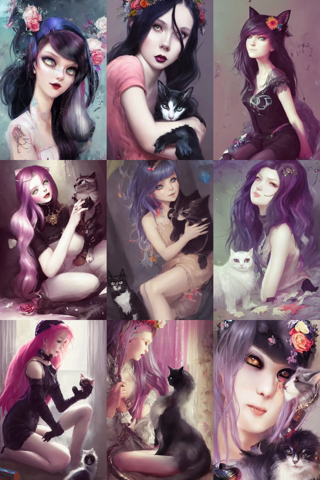 Prompt: a beautiful goth girl sitting in her bedroom petting a cat | | cute - fine - subtle smile, colorful hair, face, pretty face, fine details by stanley artgerm lau, wlop, rossdraws, james jean, andrei riabovitchev, marc simonetti, and sakimichan, trending on artstation