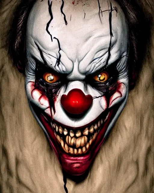 Prompt: scary clown portrait, creepy, hyper realistic, ambient lighting, horror art, intricate, hyper detailed, smooth