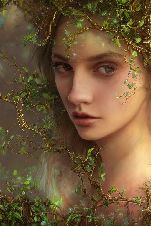 Image similar to elaborately detailed close up portrait of an extremely beautiful girl surrounded by vines, flowers, an eerie mist and ethereal rainbow bubbles, Aetherpunk, high fantasy matte painting, concept art, smooth, sharp focus, atmospheric lighting, highly detailed illustration highlights, backlight, golden ratio, 8K detail post-processing, award winning picture, sense of awe, featured on DeviantArt, fantasy matte painting movie poster, trending on cgsociety, intricate, majestic, dark epic fantasy, highly detailed, cinematic quality character render, ultra high quality model, production quality cinema mode