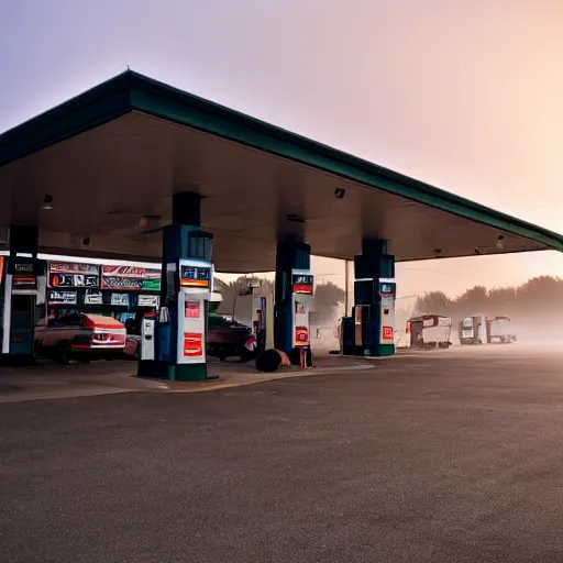 Prompt: a convenience store at a gas station in the dark and misty night, observed from afar in the fog, 4 k, hdr 1 0