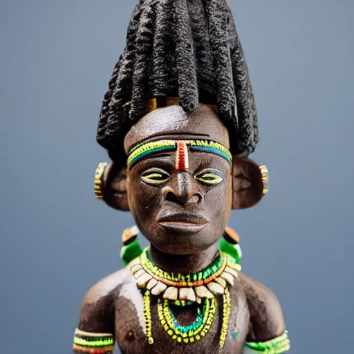 Image similar to burna boy as a tribal chief figurine, detailed product photo,