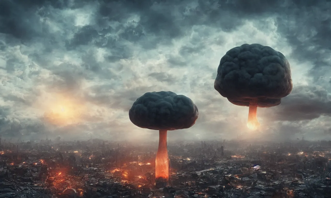 Prompt: atomic bomb mushroom over the city, the end, apocalypse, low angle camera, artstation, octane render, 4k, moody colors, award winning photography, detailed, atmospheric lighting, volumetric lighting, concept art