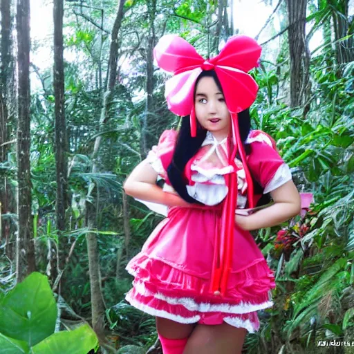 Image similar to a wlop of reimu in the jungle wearing bonnet