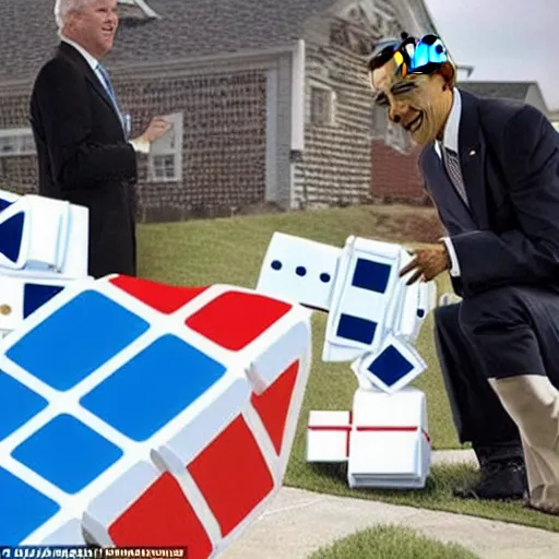 Prompt: obama knocking down all the dominoes, charming blooper photo