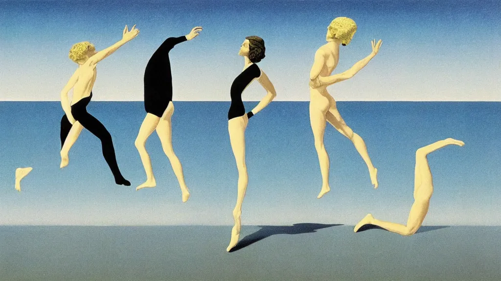 Image similar to A vintage scientific illustration from the 1970s of a choreography for people who can walk on water by René Magritte