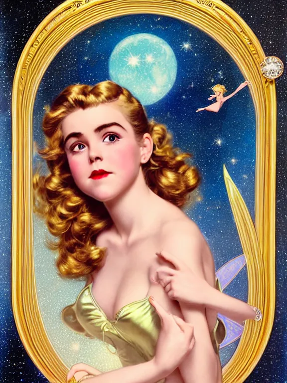 Image similar to kiernan shipka as tinkerbell glowing, a beautiful art nouveau portrait by Gil elvgren and Hajime Sorayama, moonlit starry sky environment, centered composition, defined features, golden ratio, gold jewlery, photorealistic professionals lighting, cinematic, sheer