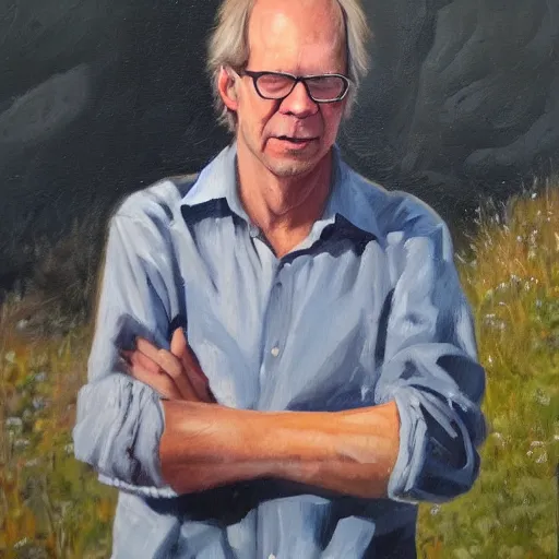 Prompt: Oil painting of Lars Vilks posing infront of Nimis