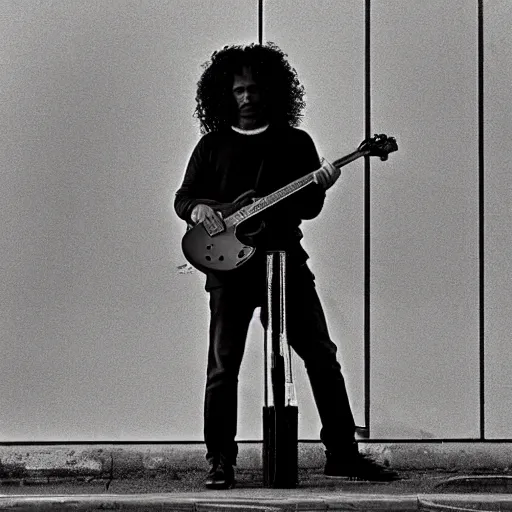 Image similar to distant panoramic photo of a lonely black man with long curly hair, holding a electric guitar, waiting at the bus stop on moody weather, rinat voligamsi
