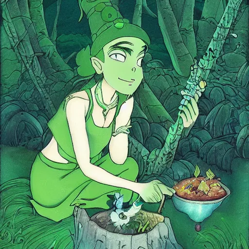 Image similar to a green genie ready to grant wishes deep in the forest, fantasy illustration, studio ghibli