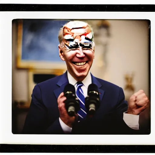 Image similar to polaroid of joe biden punching camera, enraged, angry, gritting teeth, spit flying, blurry, motion blur