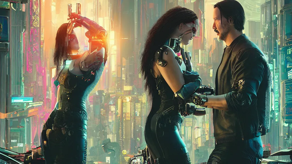 Image similar to a cyberpunk 2077 couple portrait of Keanu Reeves&female android in final kiss,love,film lighting,by Laurie Greasley,Lawrence Alma-Tadema,Dan Mumford,John Wick,Speed,Replicas,artstation,deviantart,FAN ART,full of color,Digital painting,face enhance,highly detailed,8K,octane,golden ratio,cinematic lighting