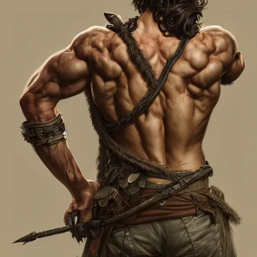 Prompt: portrait of the back of rugged male ranger, masculine, D&D, muscular, fantasy, intricate, elegant, highly detailed, digital painting, artstation, concept art, smooth, sharp focus, illustration, art by artgerm and greg rutkowski and alphonse mucha