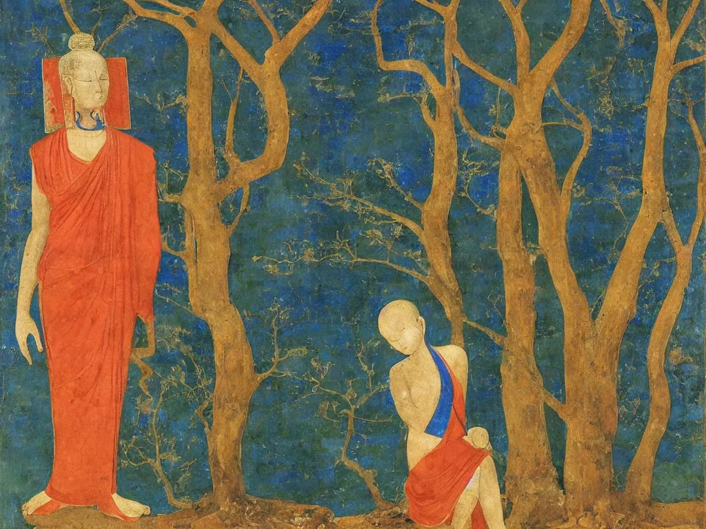Image similar to portrait of a buddhist deity with cave, dried tree. lapis lazuli, malachite, cinnabar, gold. painting by piero della francesca, balthus, agnes pelton