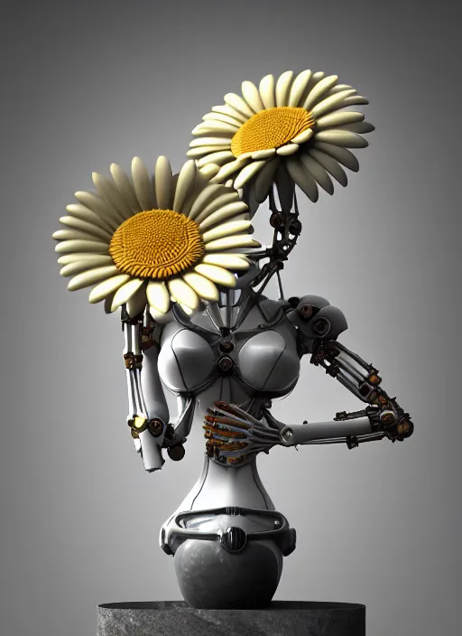 Prompt: biomechanical daisies well contoured smooth fair walls with marble statue carrying a bottle of perfume, up close shot, sharp focus, global illumination, radiant light, alexandre ferra white mecha, irakli nadar, octane highly render, 4 k, ultra hd,