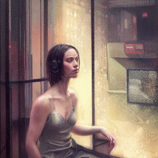 Image similar to detailed portrait of a woman, moment, cyberpunk cloisters, electronic billboards, tech noir, wet reflections, atmospheric, ambient, livia prima, greg rutkowski, edward hopper, pj crook