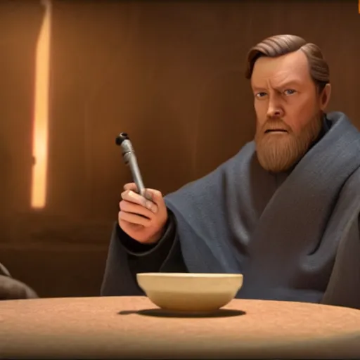 Image similar to Obi Wan! sits at a table with Palpatine! and Drinks tea. Screenshot from Movie, Movie Still, 8k, High Resolution, Highly Detailed