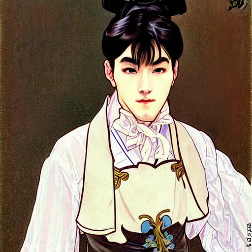 Prompt: full body painting of grumpy handsome thin beautiful young man in his 2 0 s named min - jun in a french female maid outfit, modern clothing, elegant, clear, painting, stylized, sharp facial features, soft but grumpy, highly detailed, art, art by alphonse mucha