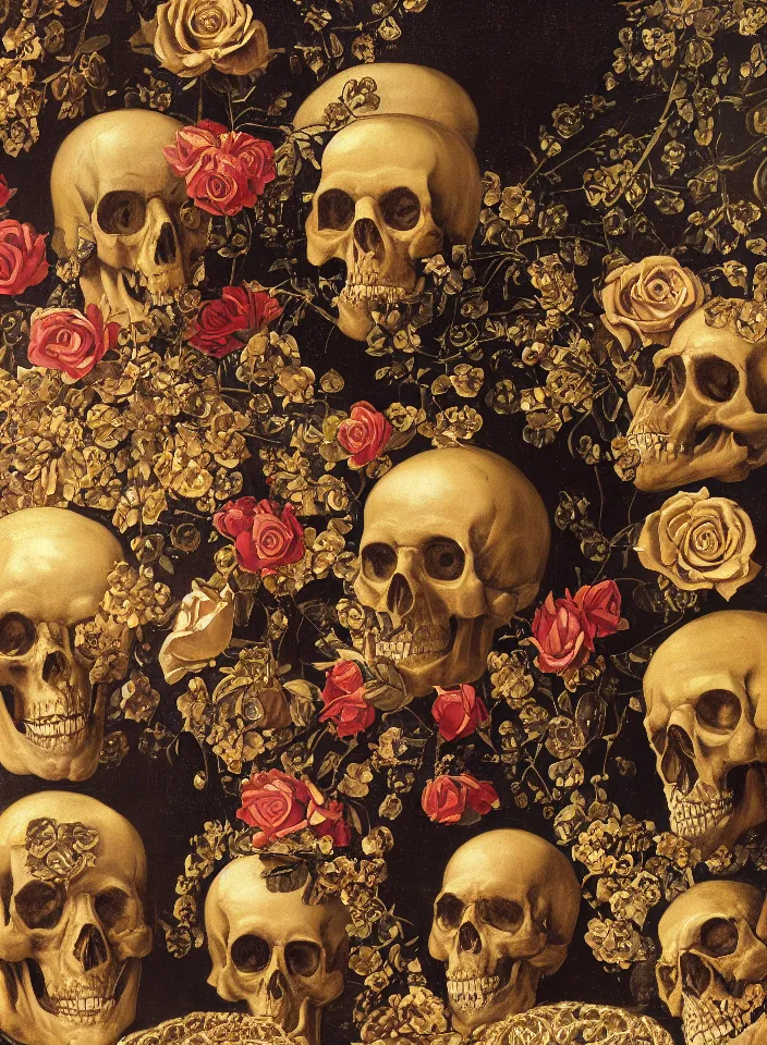 Prompt: portrait of hall of ossuary with a marble skulls with a wreath of gold roses and a dress of gold rose petals and snakes, oil painting in a renaissance style , very detailed, painted by Caravaggio.