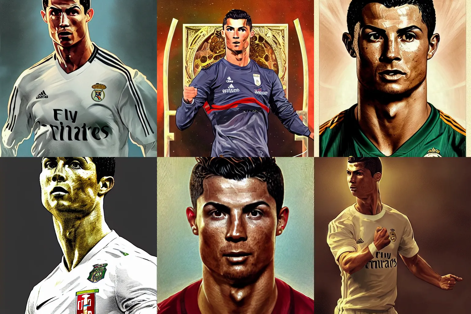 Prompt: Cristiano Ronaldo is the god of football, a highly detailed character in digital fantasy, a painted portrait, artstation, concept art, hard focus, illustrations, works by Artgerm and Greg Rutkowski, Alphonse Mucha and Craig Mullins, James Jean, Andrey Ryabovichev, Mark Simonetti and Peter Morbacher, 16 thousand