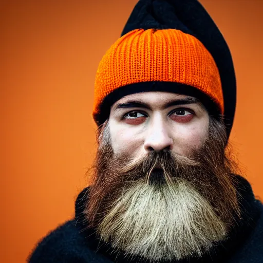 Prompt: A bearded wizard with an orange beanie, dramatic, cinematic, (EOS 5DS R, ISO100, f/8, 1/125, 84mm, postprocessed, crisp face, facial features)