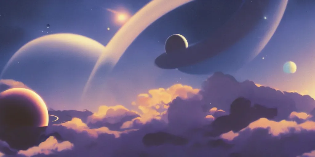Prompt: blue dreamy cloudscape with a single planet in the clouds, ringed planet, daylight, cinematic lighting, cinematic perspective, syd mead, john harris, federico pelat,