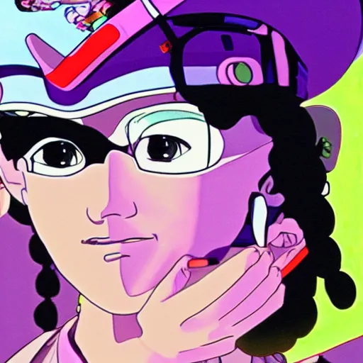 Prompt: a film still portrait of a mauve jet set radio woman. detailed features, closeup at the faces, perfect art, painted by studio ghibli