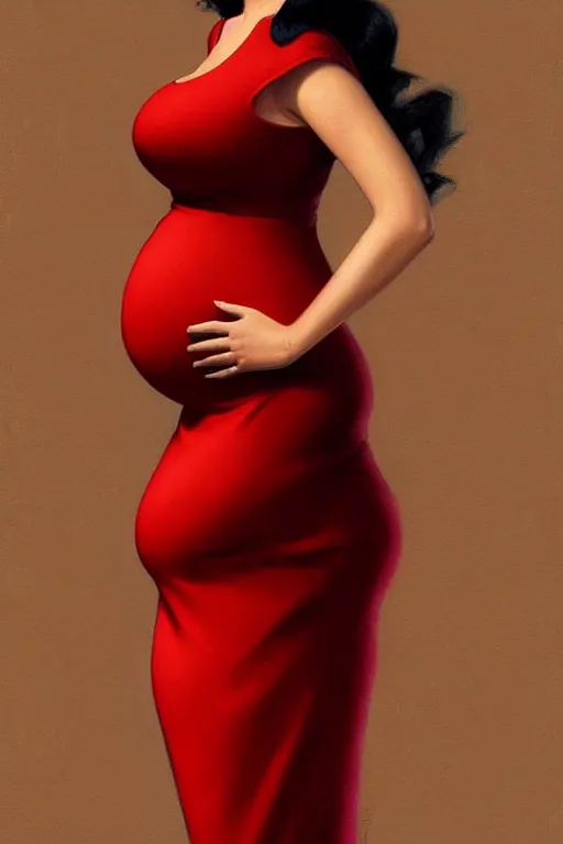 Image similar to pregnant katy perry in a red dress, realistic portrait, symmetrical, highly detailed, digital painting, artstation, concept art, smooth, sharp focus, illustration, cinematic lighting, art by artgerm and greg rutkowski and alphonse mucha