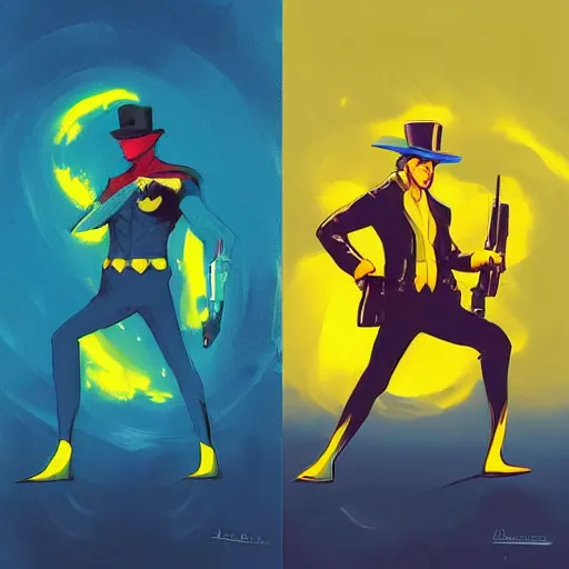 Image similar to superhero with tophat and a rifle in blue and yellow clothes, by anato finnstark, by alena aenami, by john harris, by ross tran, by wlop, by andreas rocha