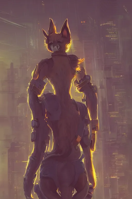 Image similar to an anthropomorphic cyberpunk fox, backlighting, trending on artstation, digital art, furry art, trending on furaffinity, fantasy art, by kawacy, view from behind