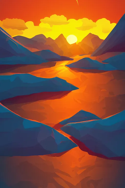 Image similar to sunrise mountain water vector illustration digital art by james gilleard trending on artstation