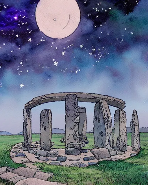 Image similar to a hyperrealist studio ghibli watercolor fantasy concept art. in the foreground is a giant grey octopus building and putting stones in to place on top of stonehenge with a starry sky. by rebecca guay, michael kaluta, charles vess