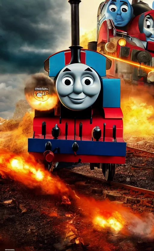 Prompt: thomas the tank engine vs. optimus prime : big revenge : coming soon to theaters, epic cinematic poster, post - apocalypse, demolition, realistic, photo, photorealistic, detailed, high quality, high resolution, 8 k, hdr, 4 k