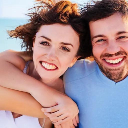 Prompt: couple man and woman, happy, on the beach, correct face, accurate face, sunburn, professional portrait, photo