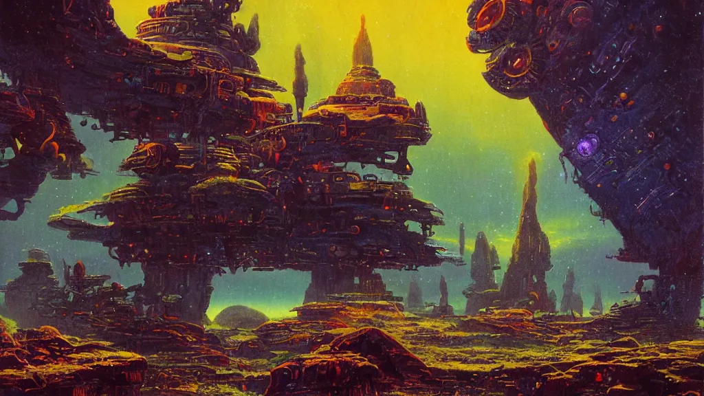 Prompt: ancient alien relics on a strange eerie alien planet by Paul Lehr and Bruce Pennington