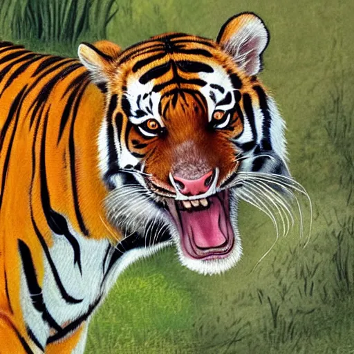 Prompt: A very detailed photorealistic image of a cow sneaking around a tiger unnoticed, to scare the tiger away by mooing into tiger's ear unexpectedly.