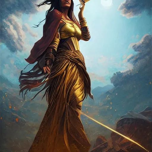 Image similar to a priestess weavering strings of gold, symmetric face, hyperrealism, epic fantasy digital art, fantasy style art, by Greg Rutkowski, fantasy magic the gathering card art style