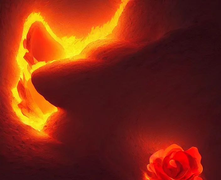 Image similar to a lava sculpture of a rose flower, digital art by studio ghibli and greg rutkowski, warm colors, beautiful, hyperrealism artstyle, amazing lighting