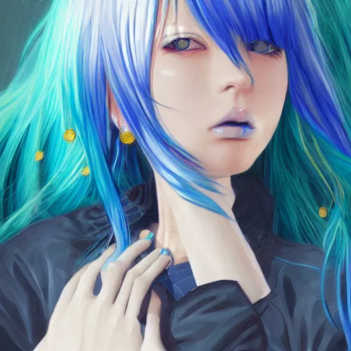 Prompt: profile shot of rimuru tempest, sky blue straight hair, long bangs, gold eyes, amber irises, wearing a black jacket with white stripes, high collar, ultra detailed, wild brush strokes, digital painting, cinematic, wlop, pixiv, color block, eerie, scary, yoshitaka amano, ilya kuvshinov, andy warhol